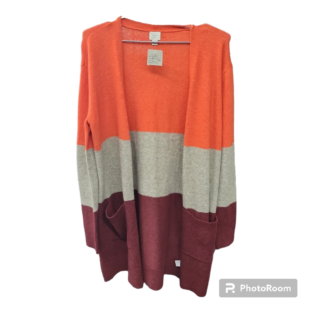A New Day Fall Color Block Wide Stripe Open Front Fuzzy Knit Cardigan Size S